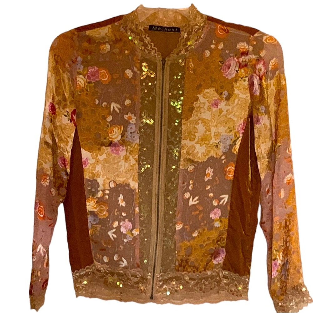 Vintage Mechant Silk/Rayon Zip Front Jacket , lace sequins, floral all in one,S